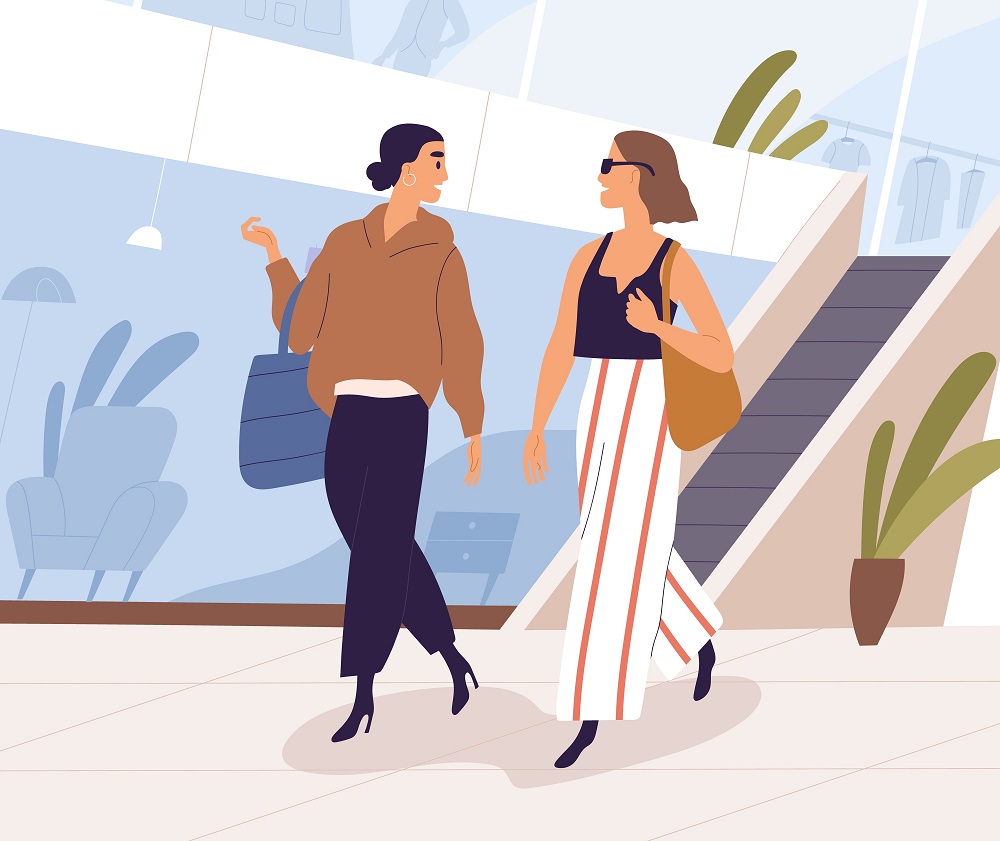 Grafika 2D - dwie kobiety idą przez centrum handlowe